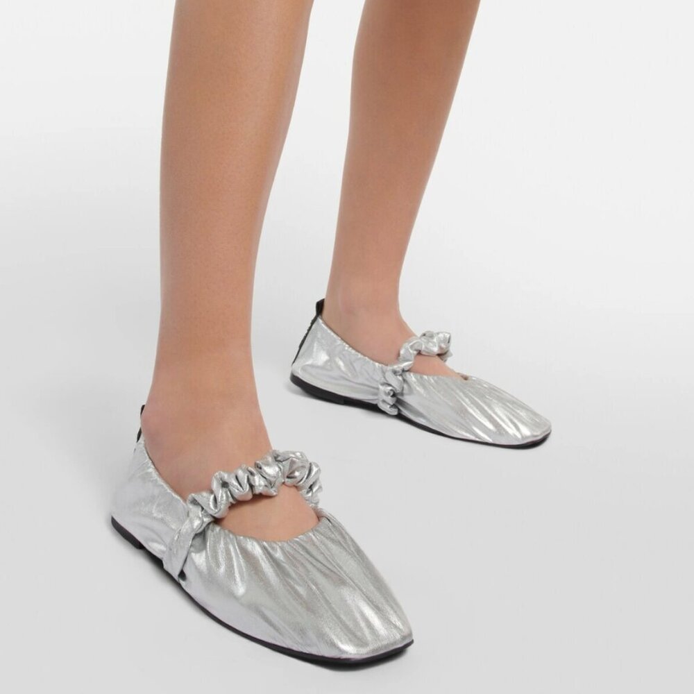 GANNI Silver Ballet Flats Square Toe Metallic Leather Shoes EU 39 Balletcore